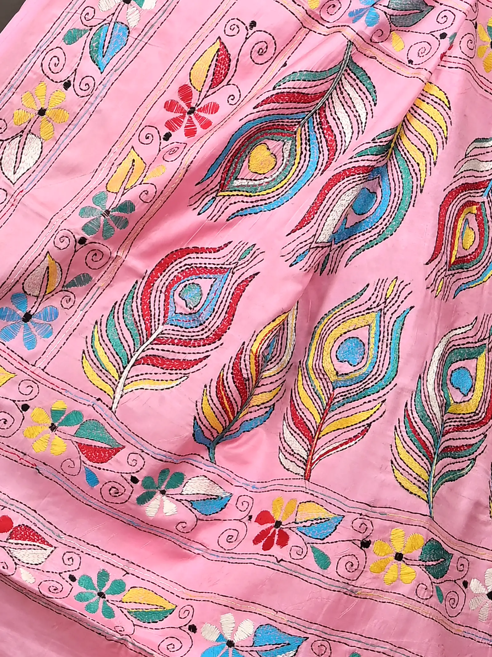 Pink Cotton Bolpur Kantha Stitch Saree (18)
